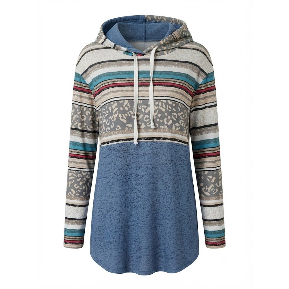 Honey Me Hoodie Womens 1X Blue Aztec Leopard Colorblock Boho Chic Southwestern